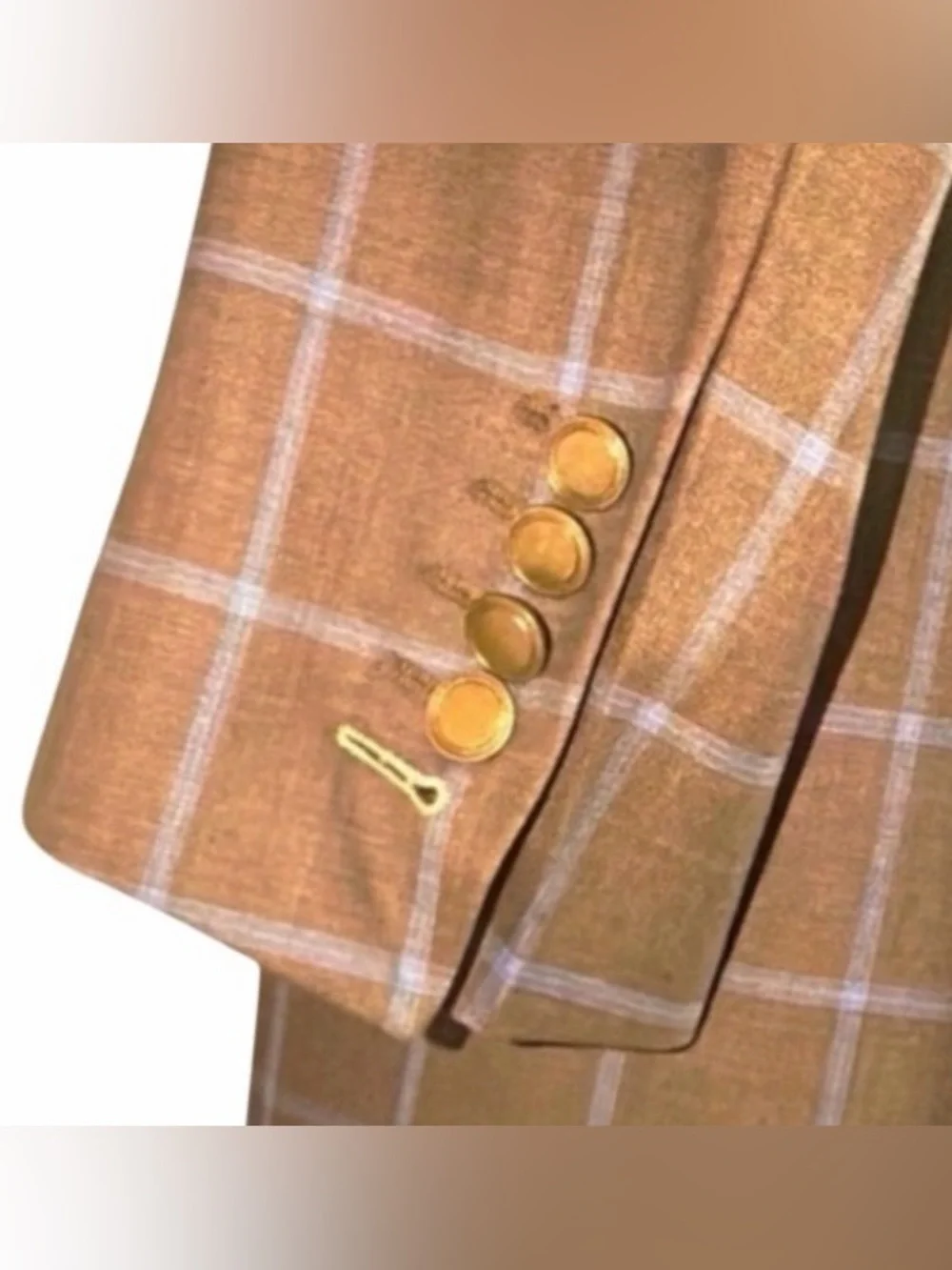 Tom James Custom 3-Piece Suit | Windowpane | Gold Buttons | Classic Tailored